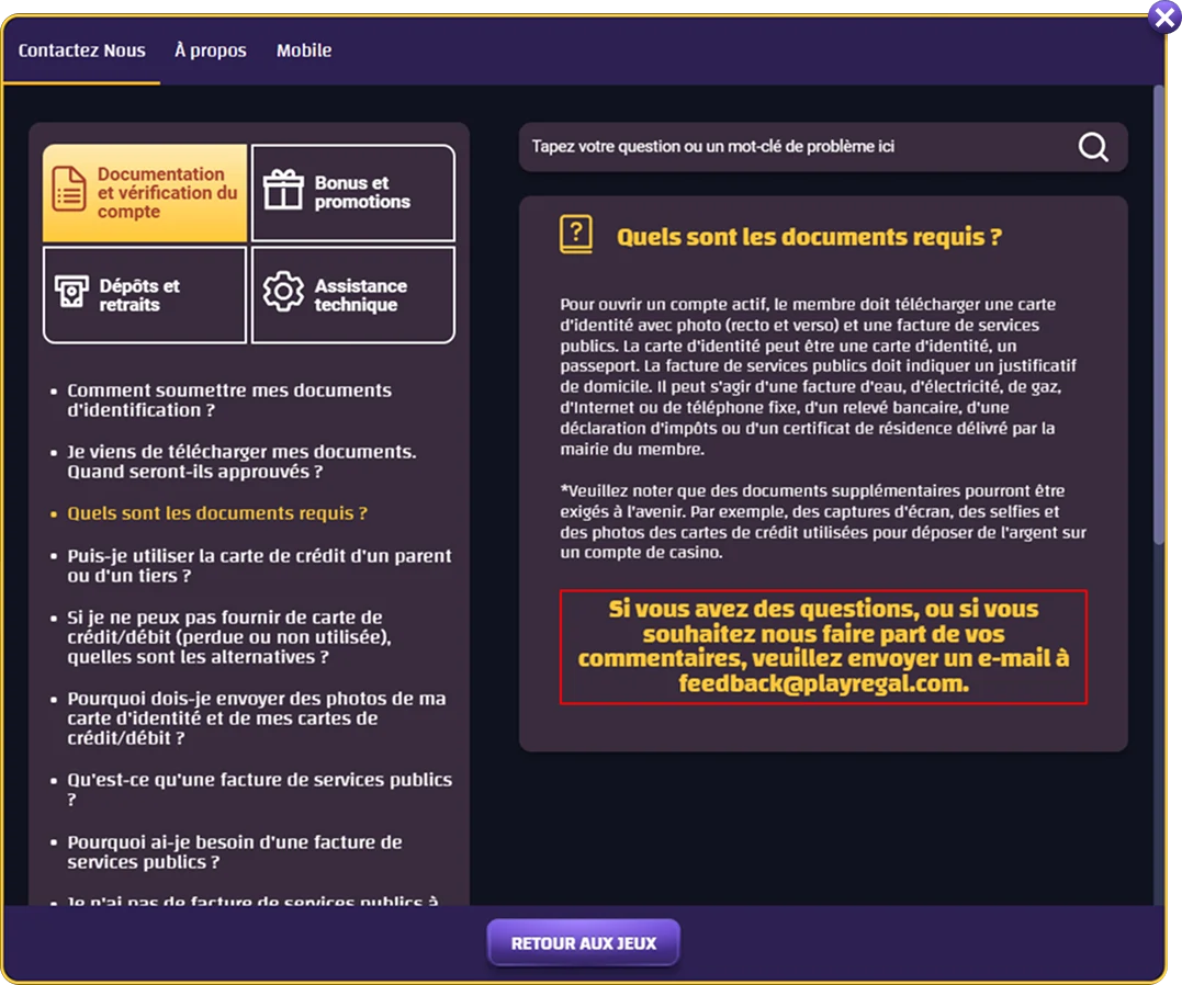 service client et contacts de PlayRegal
